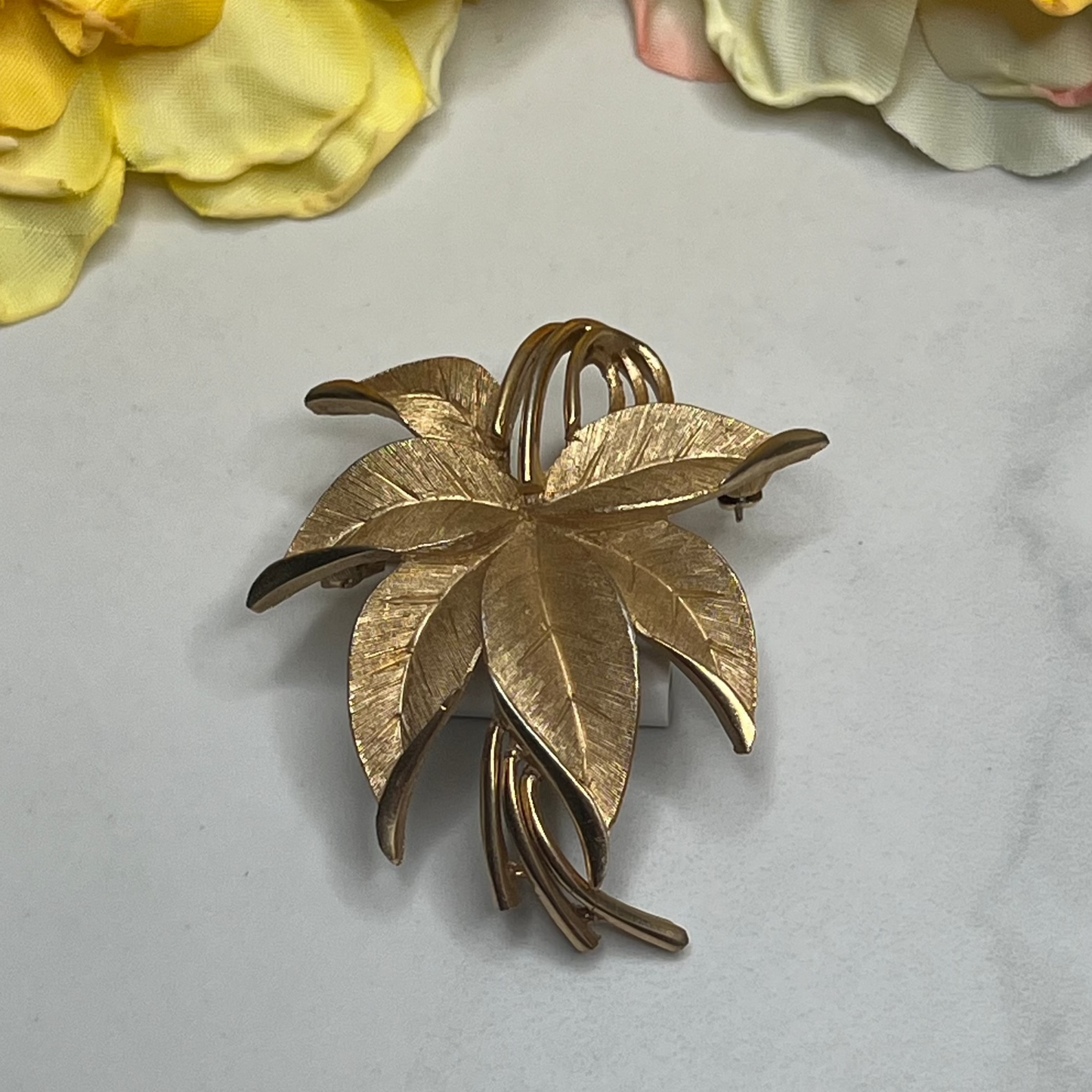 Estate Signed Trifari Brushed Gold Leaf Cluster Pin Brooch