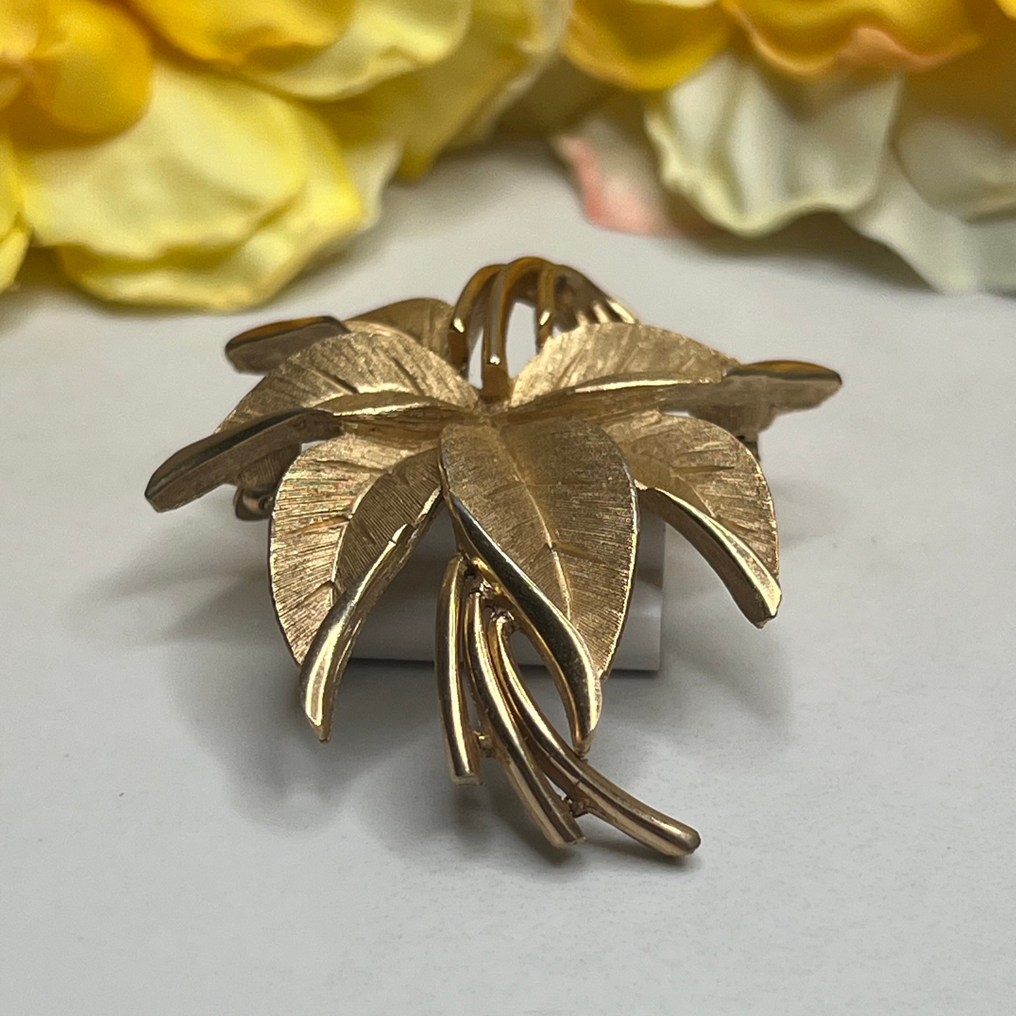 Estate Signed Trifari Brushed Gold Leaf Cluster Pin Brooch