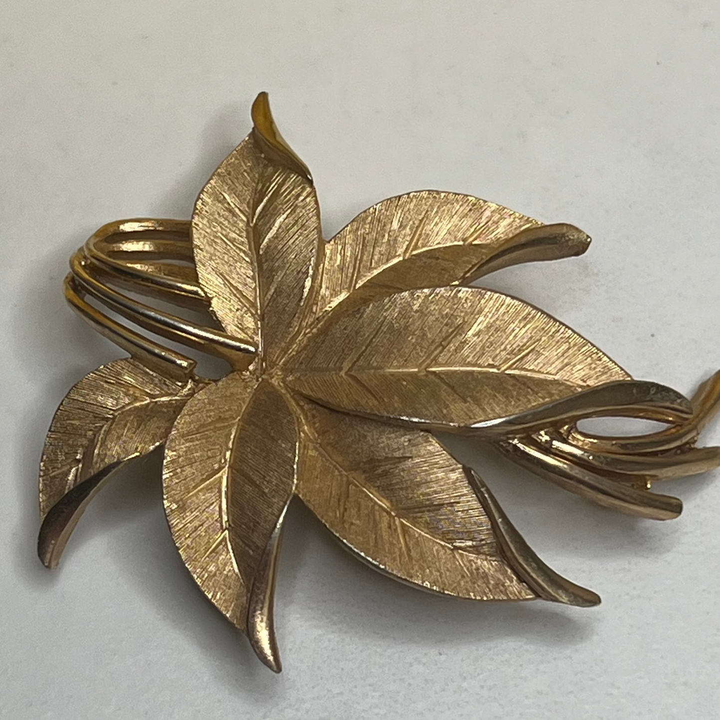 Estate Signed Trifari Brushed Gold Leaf Cluster Pin Brooch