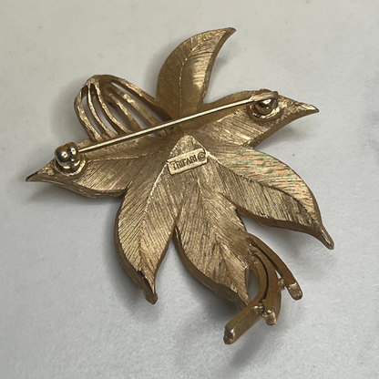 Estate Signed Trifari Brushed Gold Leaf Cluster Pin Brooch