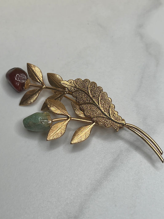 Vintage Gold Long Stem Red Green Jade Rose Bud Pin Brooch