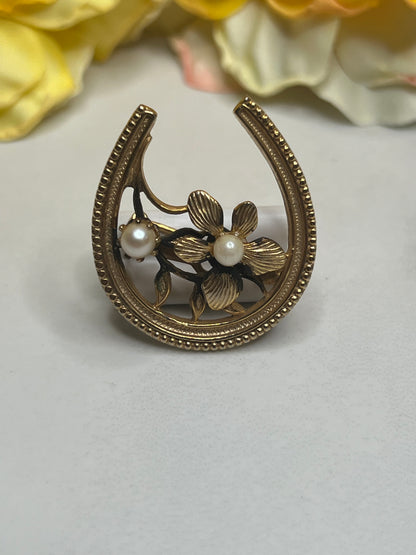 Vintage Gold Lucky Horseshoe Flower Pearl Pin Brooch