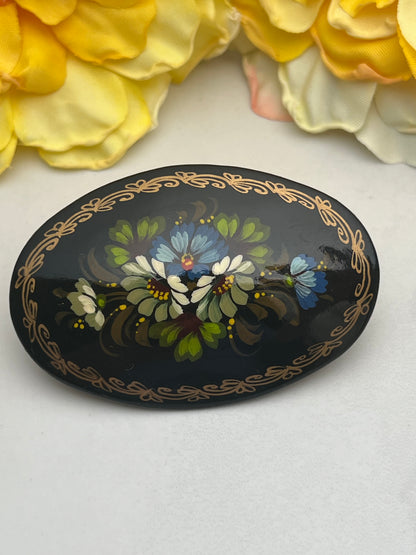 Vintage Large Black Oval Artisan Toll Painting Pin Brooch