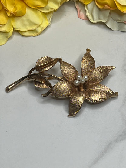 Vintage Large Signed Coro Gold Pearl Textured Flower Pin Brooch