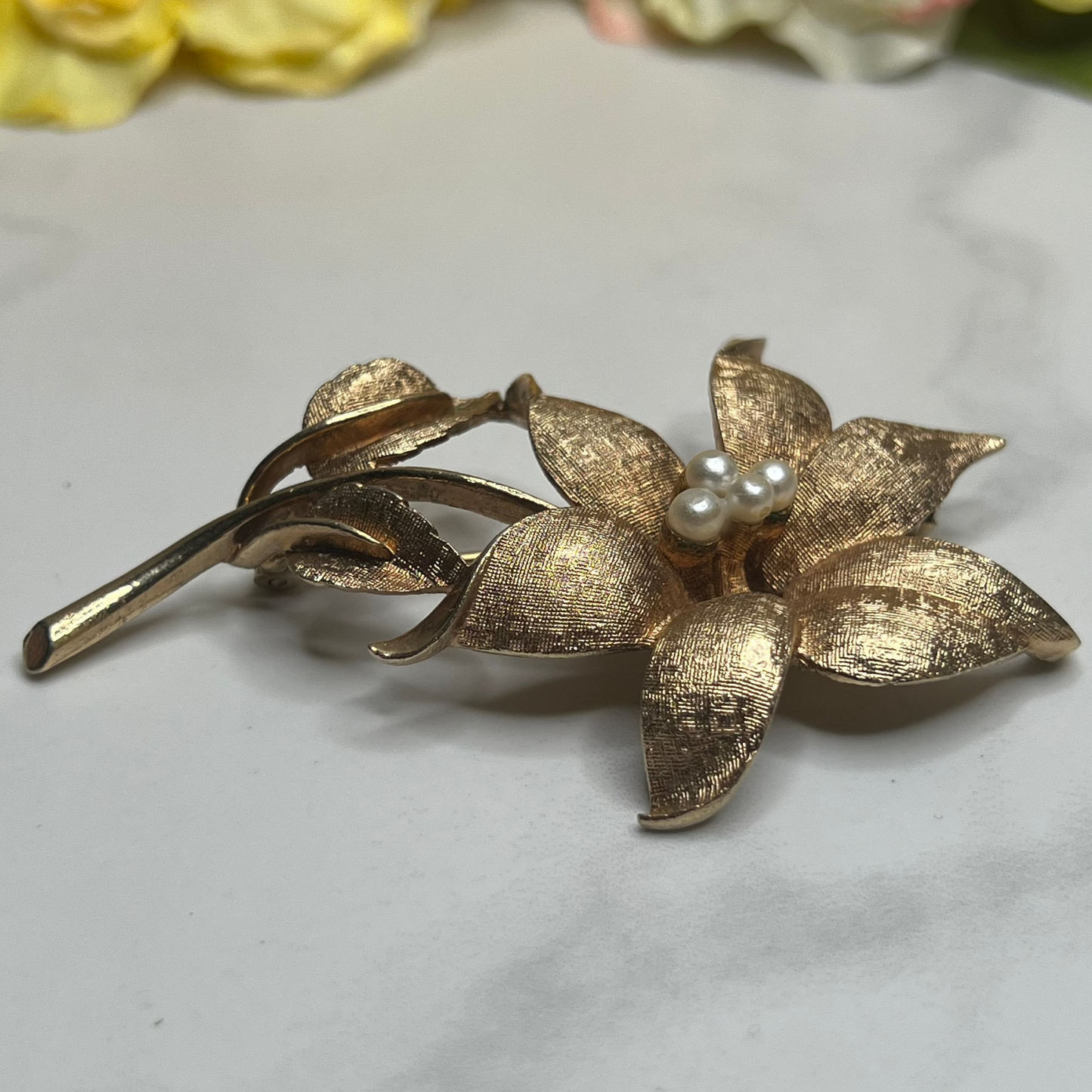 Vintage Large Signed Coro Gold Pearl Textured Flower Pin Brooch