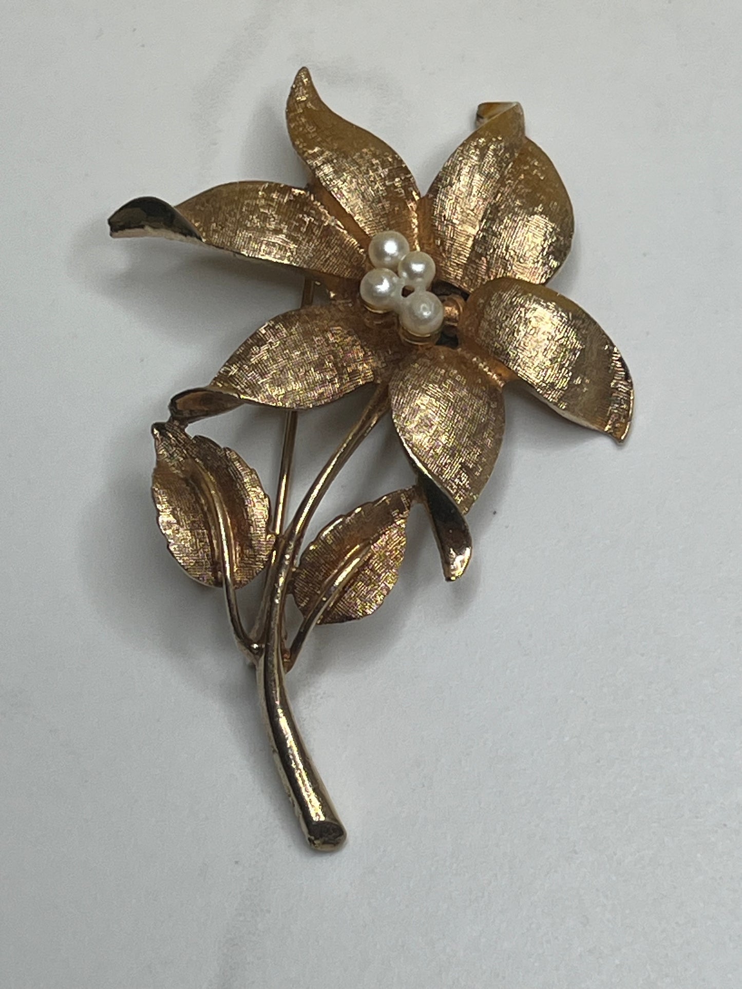 Vintage Large Signed Coro Gold Pearl Textured Flower Pin Brooch