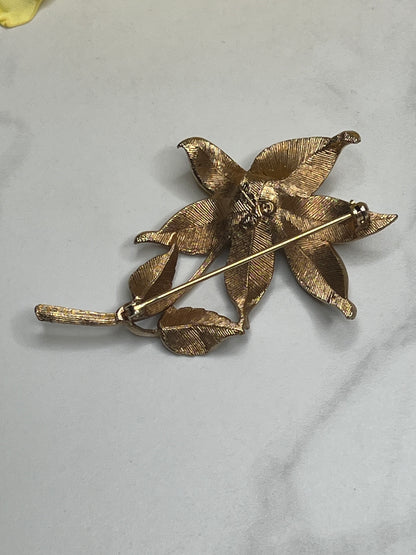 Vintage Large Signed Coro Gold Pearl Textured Flower Pin Brooch