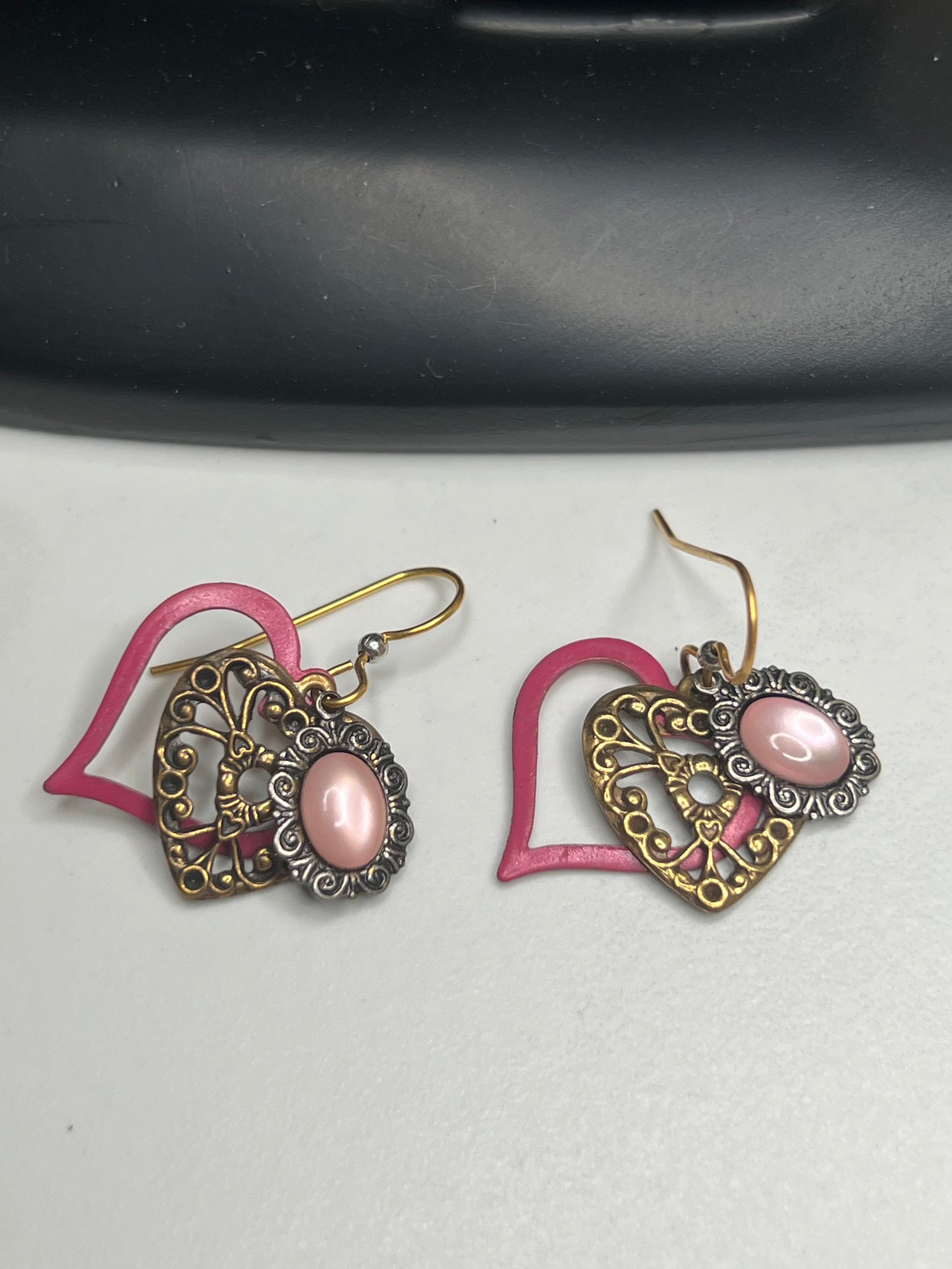 Vintage Brass Filigree Pink Moonstone Enamel Layered Dangle Earrings