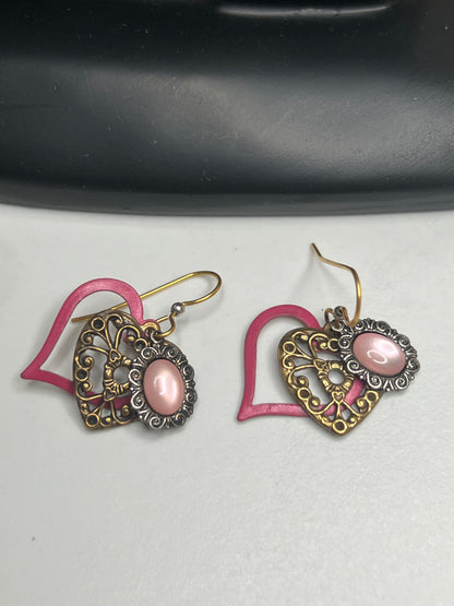 Vintage Brass Filigree Pink Moonstone Enamel Layered Dangle Earrings