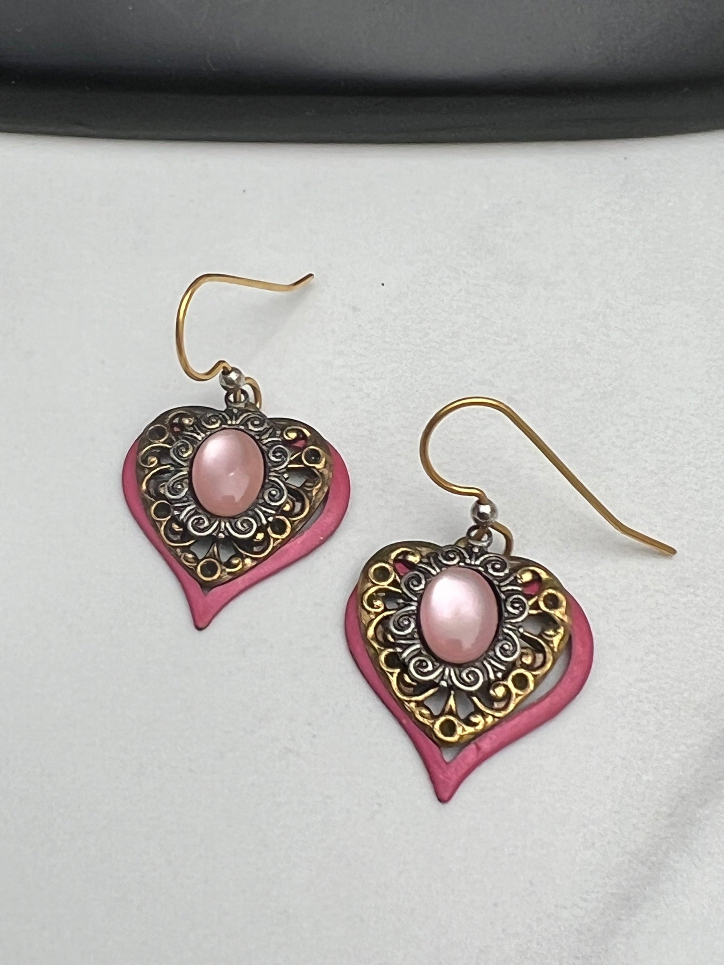 Vintage Brass Filigree Pink Moonstone Enamel Layered Dangle Earrings