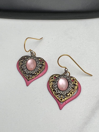 Vintage Brass Filigree Pink Moonstone Enamel Layered Dangle Earrings