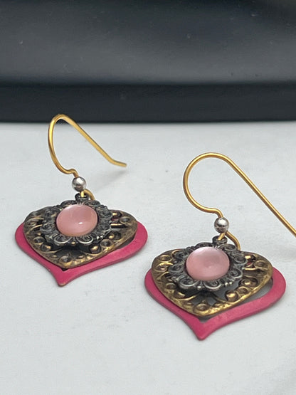 Vintage Brass Filigree Pink Moonstone Enamel Layered Dangle Earrings