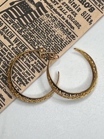 Vintage Large Gold Weave Filigree Hoop Earrings