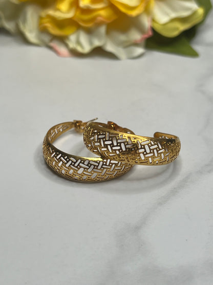 Vintage Large Gold Weave Filigree Hoop Earrings