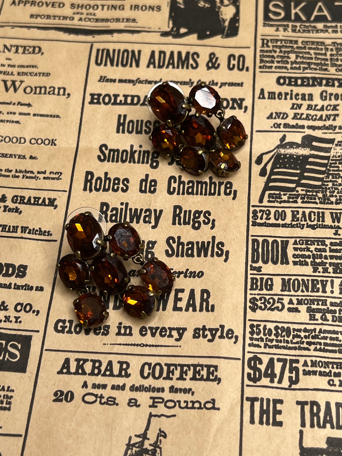 Vintage Signed J Crew Amber Rhinestone Cluster Pierced Stud Earrings