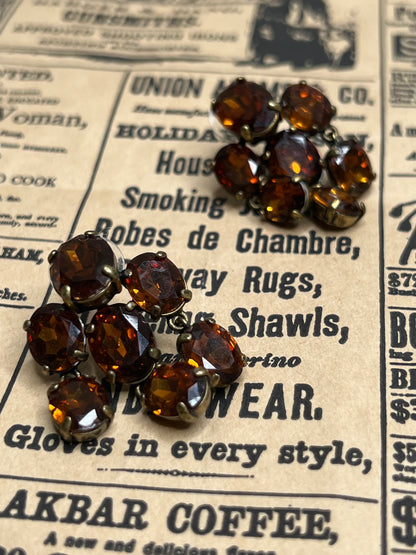 Vintage Signed J Crew Amber Rhinestone Cluster Pierced Stud Earrings