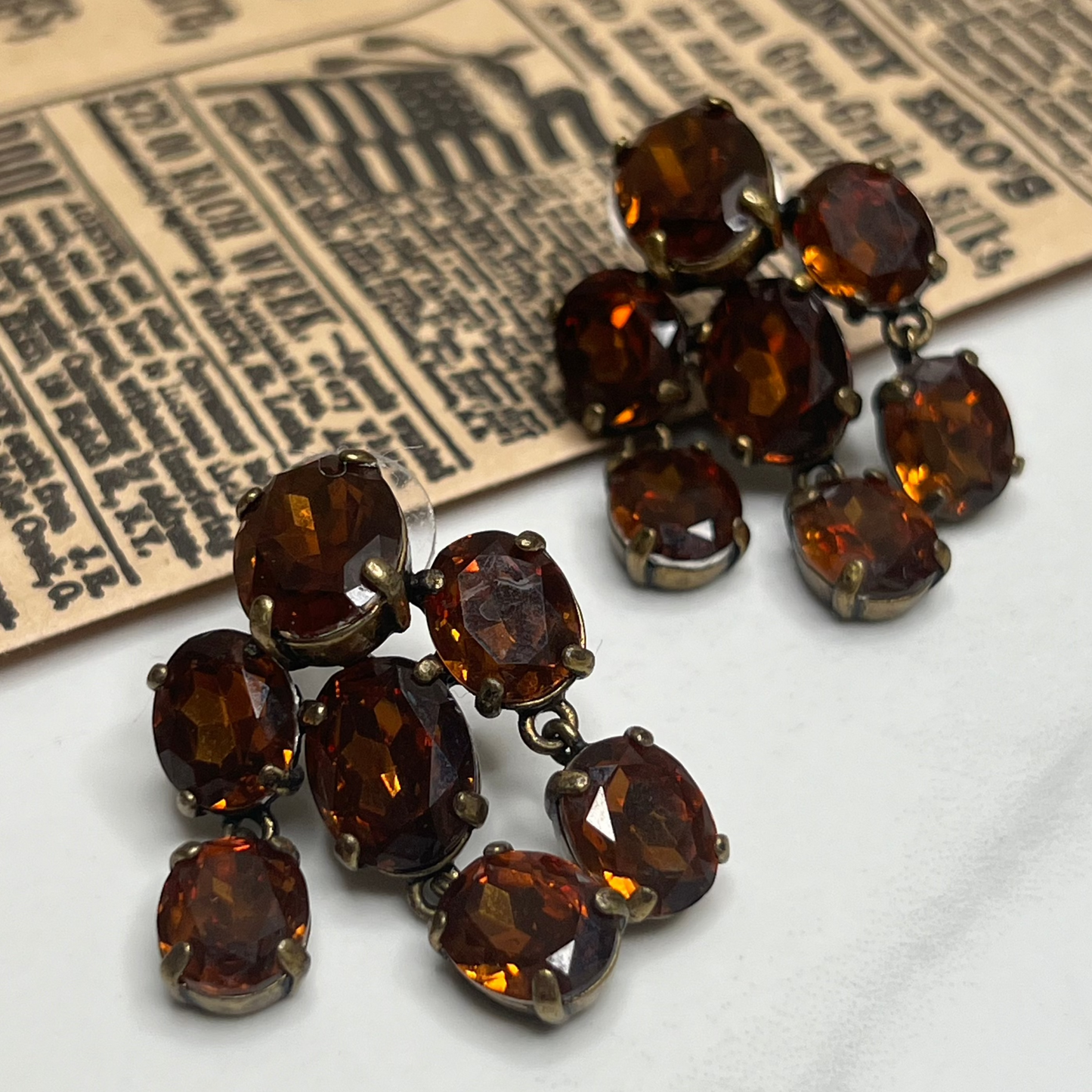 Vintage Signed J Crew Amber Rhinestone Cluster Pierced Stud Earrings