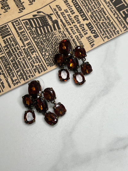 Vintage Signed J Crew Amber Rhinestone Cluster Pierced Stud Earrings