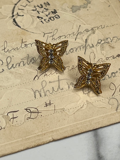 Vintage Gold Filigree Layered Rhinestone Butterfly Pierced Stud Earrings