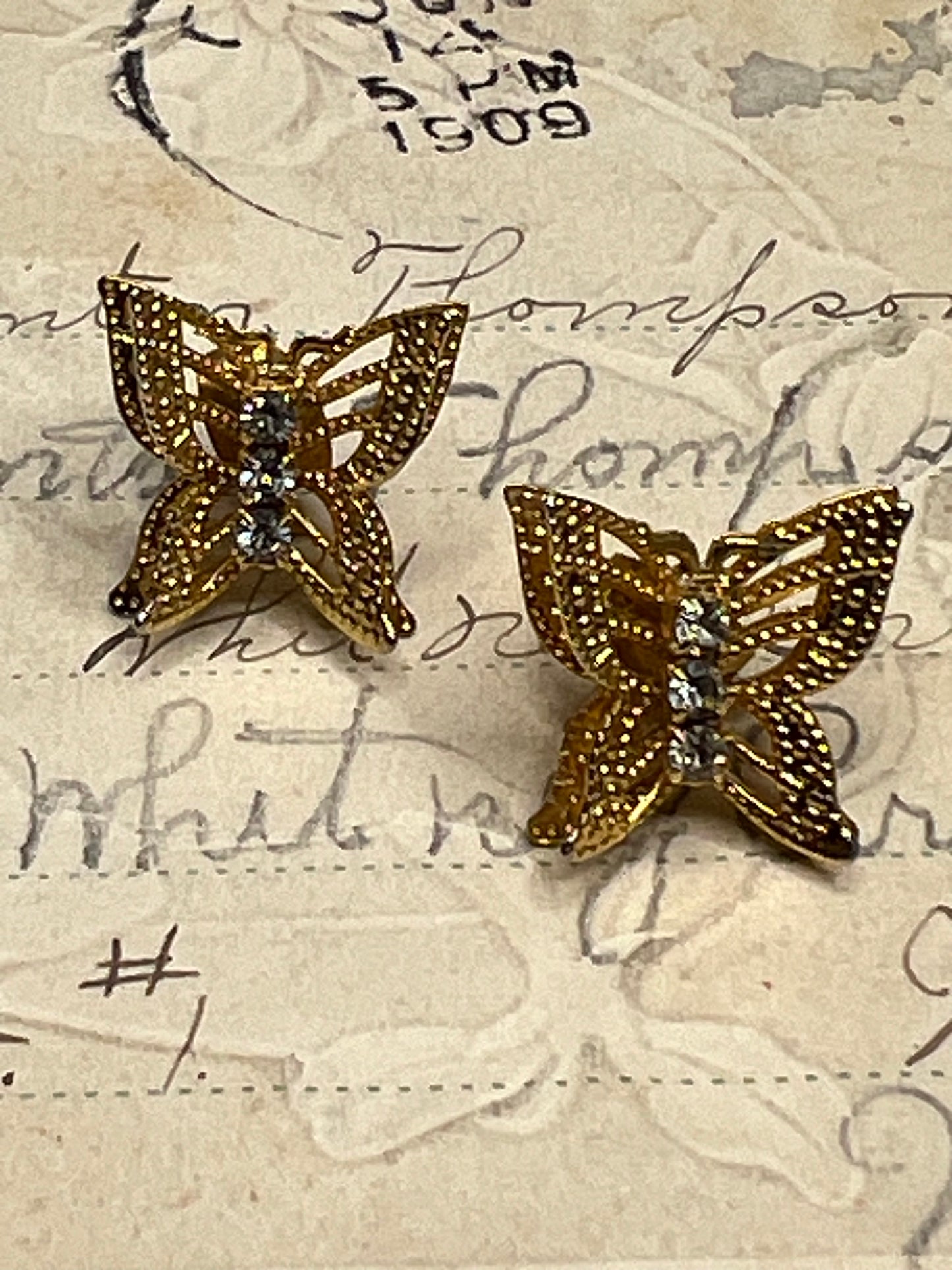 Vintage Gold Filigree Layered Rhinestone Butterfly Pierced Stud Earrings