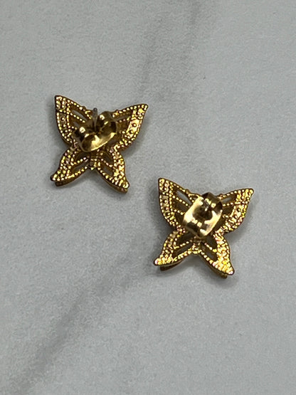 Vintage Gold Filigree Layered Rhinestone Butterfly Pierced Stud Earrings