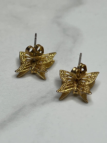 Vintage Gold Filigree Layered Rhinestone Butterfly Pierced Stud Earrings