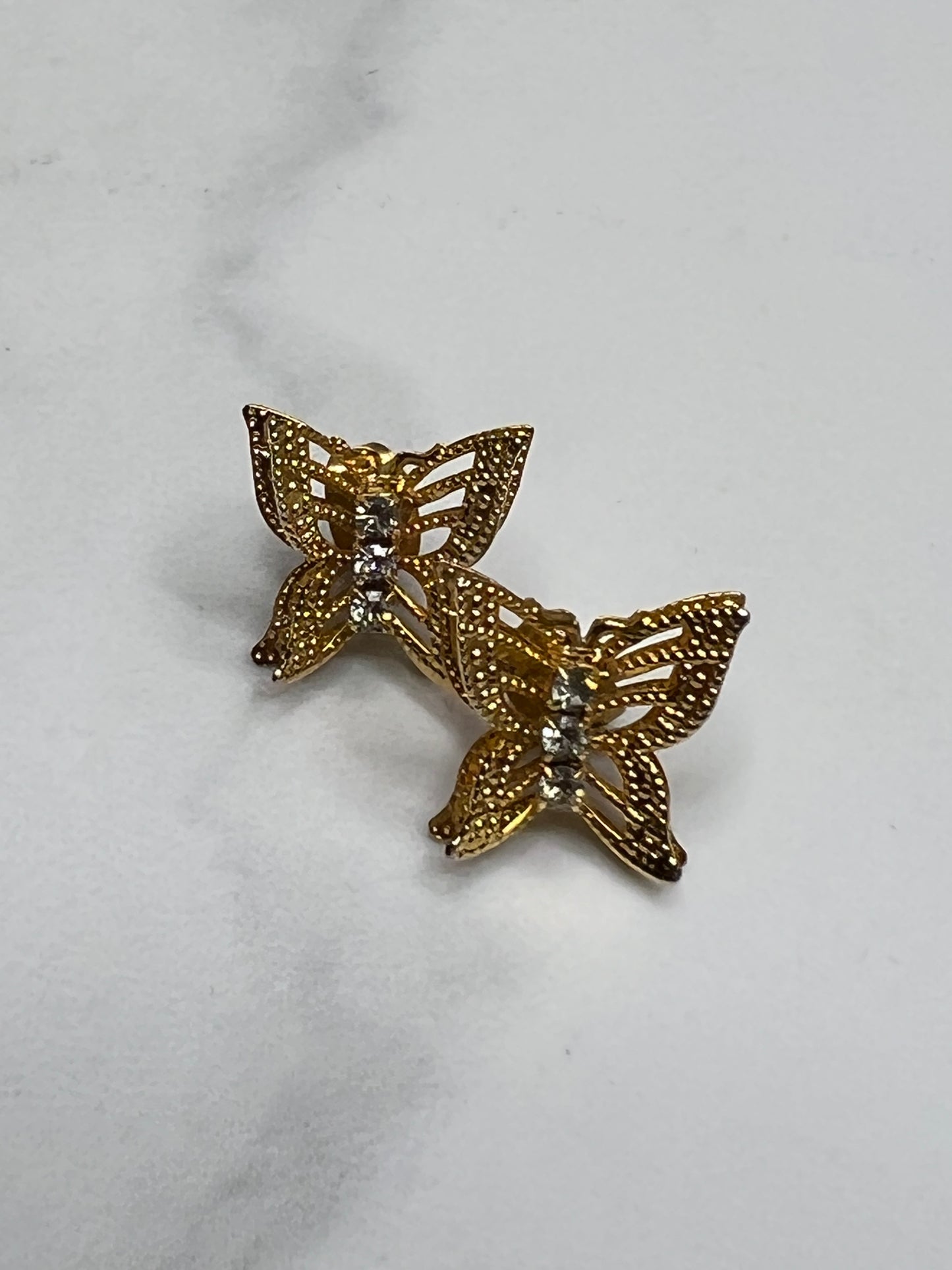 Vintage Gold Filigree Layered Rhinestone Butterfly Pierced Stud Earrings