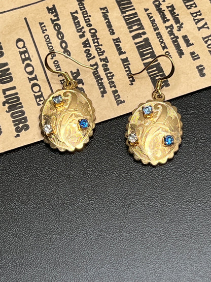 Vintage Upcycled Gold Scalloped Oval Embossed Rhinestone Dangle Earrings