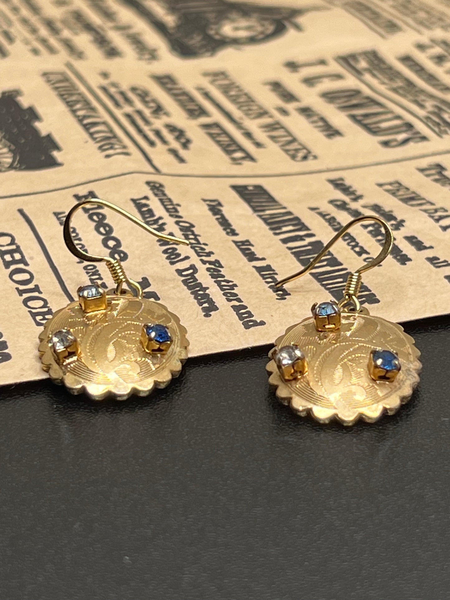 Vintage Upcycled Gold Scalloped Oval Embossed Rhinestone Dangle Earrings