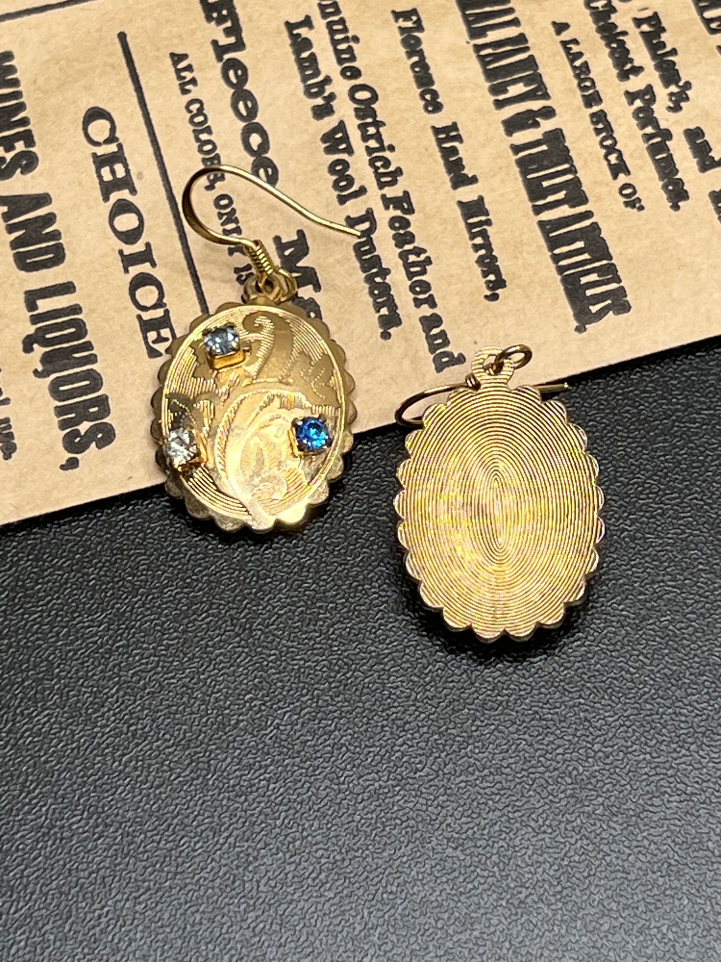 Vintage Upcycled Gold Scalloped Oval Embossed Rhinestone Dangle Earrings