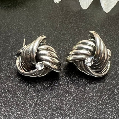 Vintage Sterling Silver Rhinestone Love Knot Pierced Stud Earrings