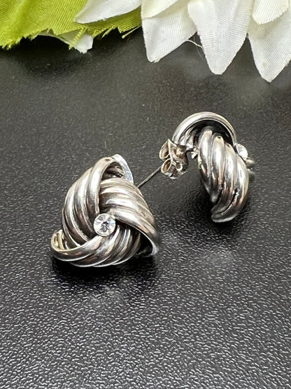 Vintage Sterling Silver Rhinestone Love Knot Pierced Stud Earrings