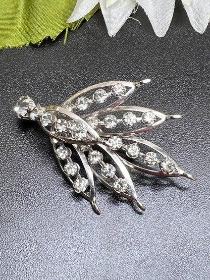 Vintage Silver Rhinestone Openwork Leaf Brooch