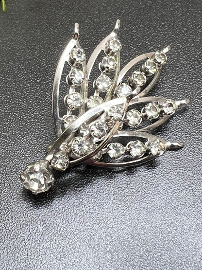 Vintage Silver Rhinestone Openwork Leaf Brooch