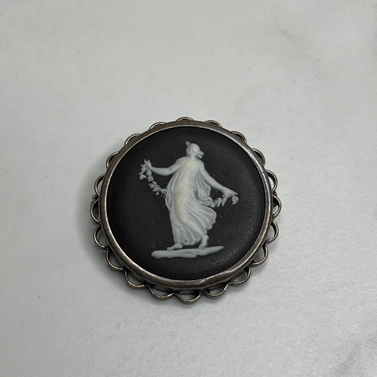 Vintage Sterling Silver Black White Wedgwood Jasperware Cameo Pin Brooch