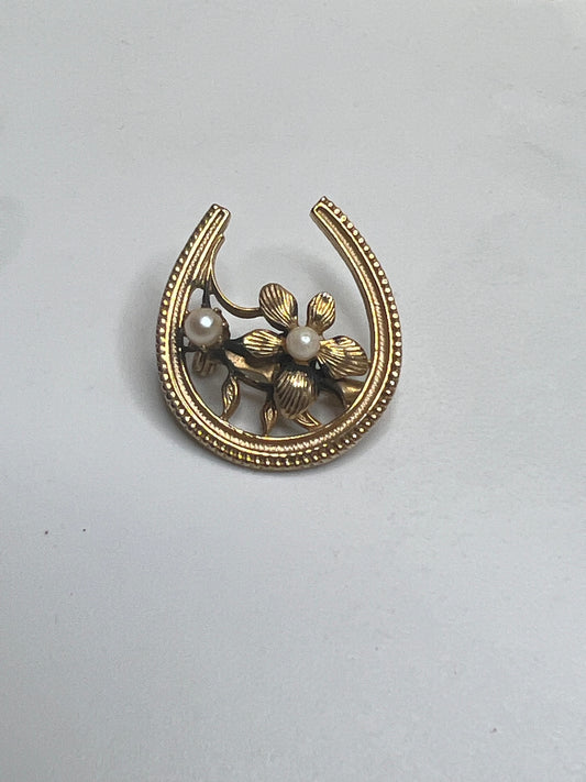 Vintage Gold Lucky Horseshoe Flower Pearl Pin Brooch