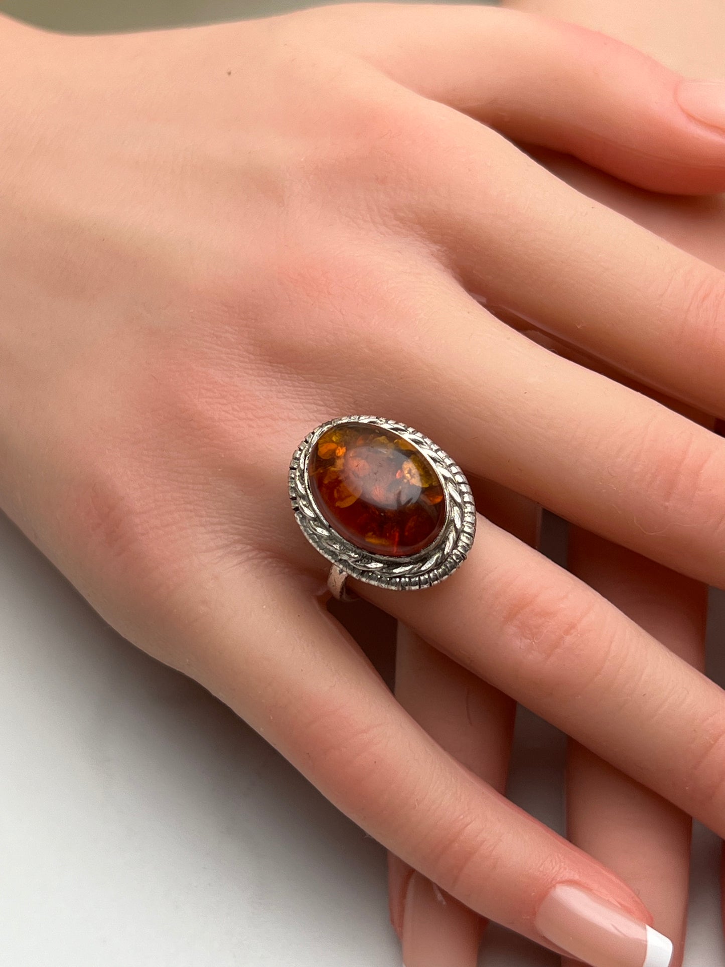 Vintage Sterling Silver Genuine Baltic Amber Statement Ring