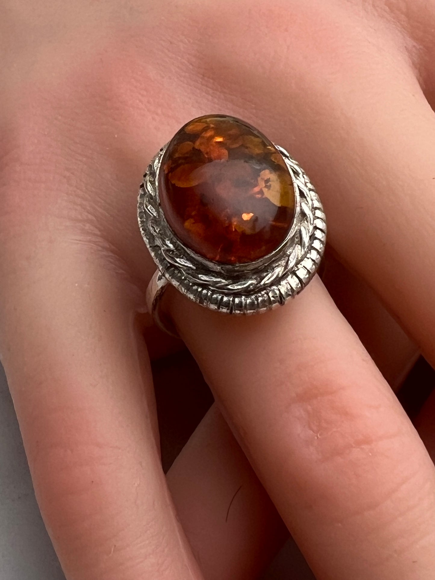 Vintage Sterling Silver Genuine Baltic Amber Statement Ring