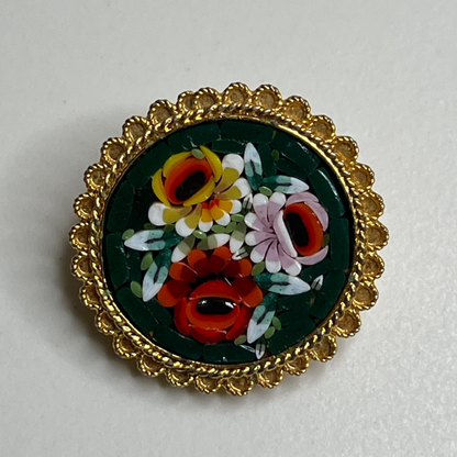 Vintage Round Gold Micro Mosaic Rose Italy Pin Brooch