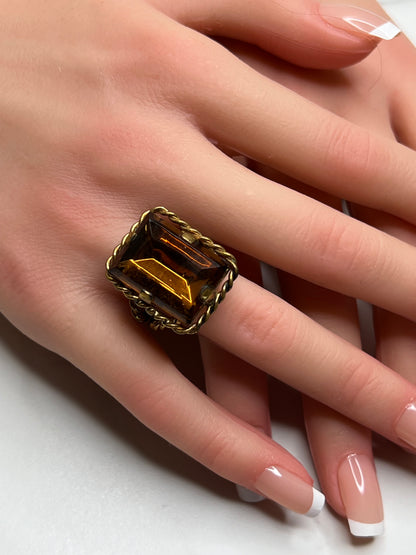 Vintage West Germany Amber Austrian Crystal Statement Ring