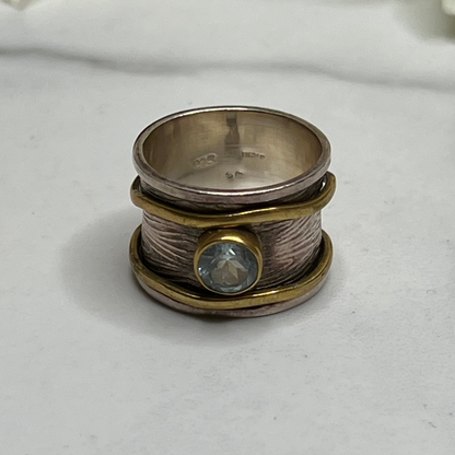 Vintage Wide Sterling Silver Brass Sapphire Fidget Worry Ring Size 6