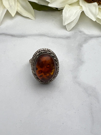 Vintage Sterling Silver Genuine Baltic Amber Statement Ring