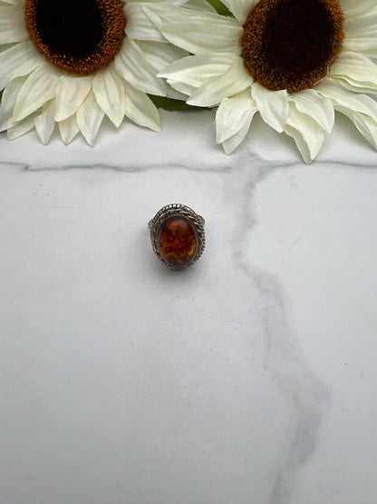 Vintage Sterling Silver Genuine Baltic Amber Statement Ring