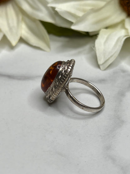 Vintage Sterling Silver Genuine Baltic Amber Statement Ring