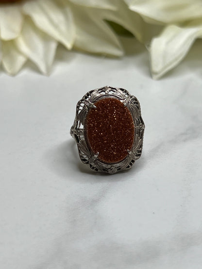 Vintage Victorian Filigree Sterling Silver Gold Stone Statement Ring