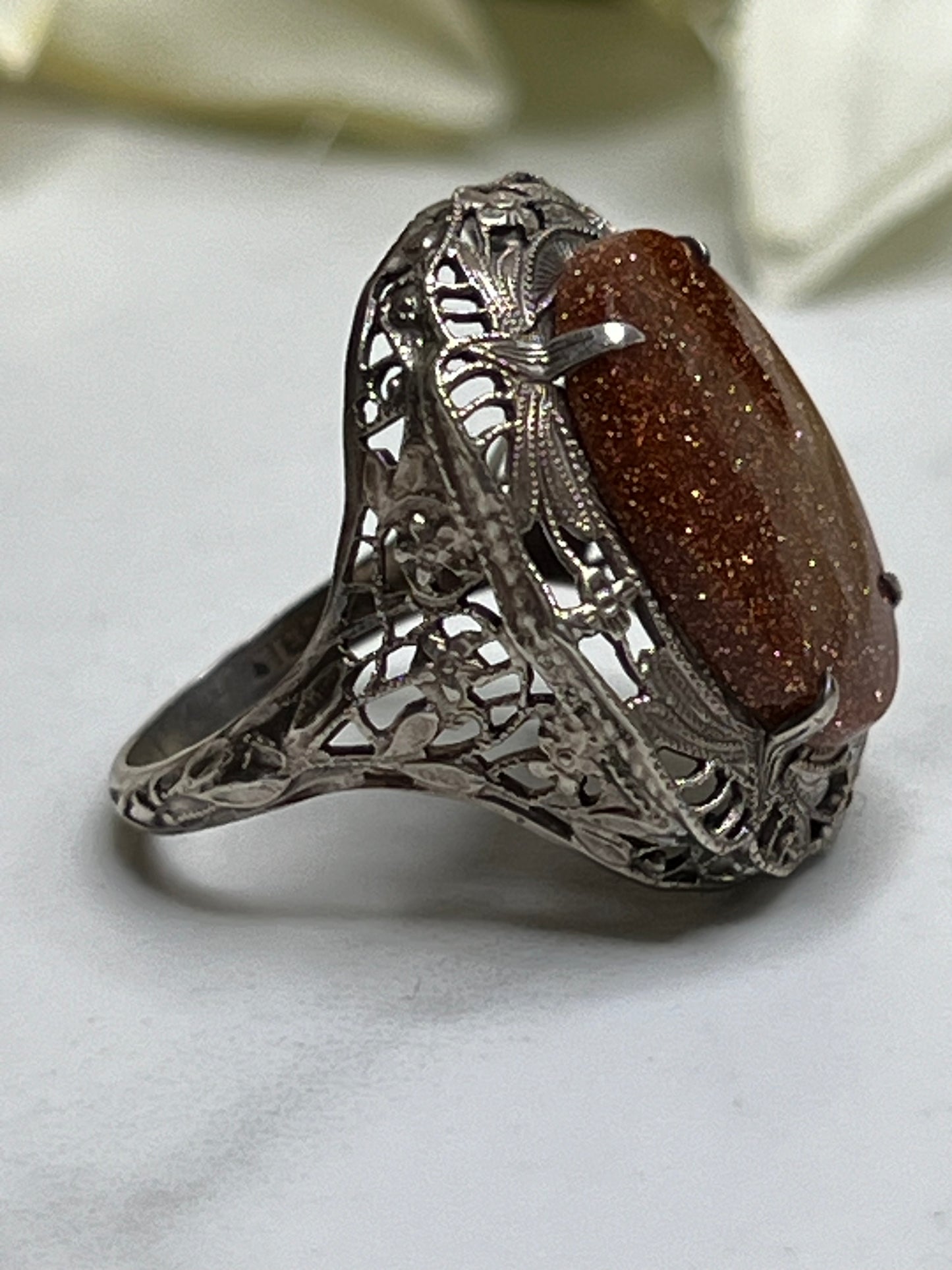 Vintage Victorian Filigree Sterling Silver Gold Stone Statement Ring