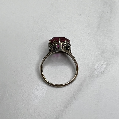 Vintage Estate Sterling Silver Marcasite Pink Crystal Victorian Solitaire Ring Size 7