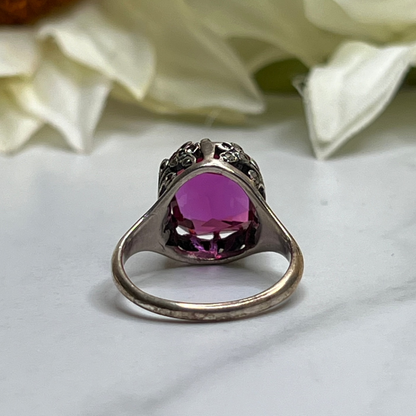 Vintage Estate Sterling Silver Marcasite Pink Crystal Victorian Solitaire Ring Size 7