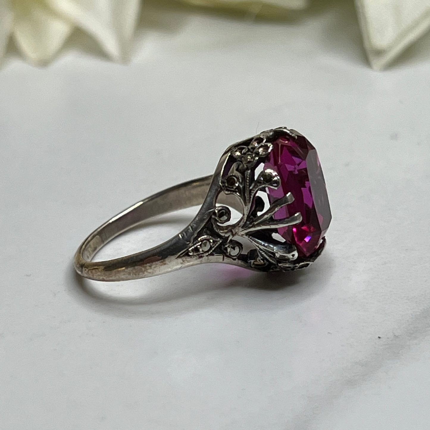 Vintage Estate Sterling Silver Marcasite Pink Crystal Victorian Solitaire Ring Size 7