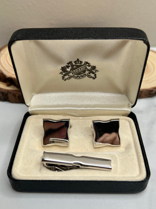 Vintage Signed Swank Strand Silver Tie Clip  & Cufflinks Set